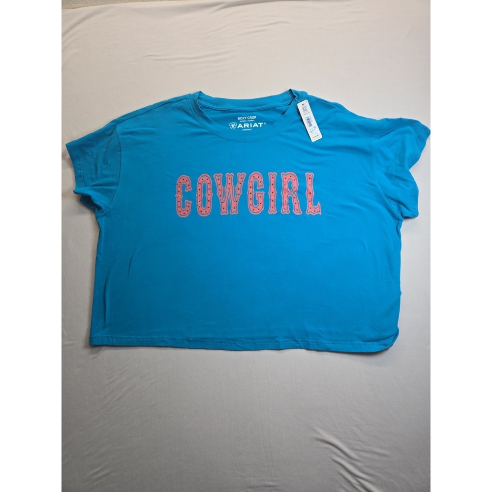 Ariat Cowgirl Graphic Tee Womens Boxy Crop Western Rodeo Shirt XXL NWT Blue